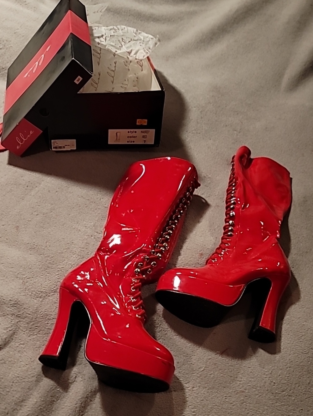 Vintage Ellie Red Patent Lace-Up Platform Boots - Size 7